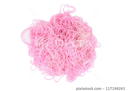 Top view of a pile of pink beads on a white background. Top view of a pile of pink beads on a white background. 117199263