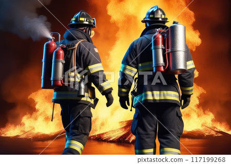 Rear view of firefighter against in fiery fire, massive blaze, fire flame at night. 117199268