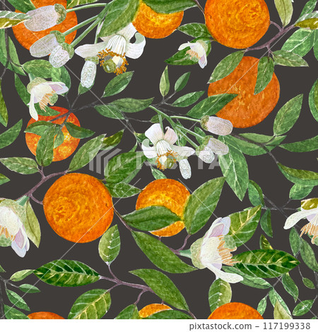 Orange branches with vibrant leaves, delicate flowers, buds and ripe fruits watercolor pattern on dark background. Hand-painted art captures the essence of nature, perfect for home decor, textile, and Orange branches with vibrant leaves, delicate flowers, buds and ripe fruits watercolor pattern on dark background. Hand-painted art captures the essence of nature, perfect for home decor, textile, and 117199338