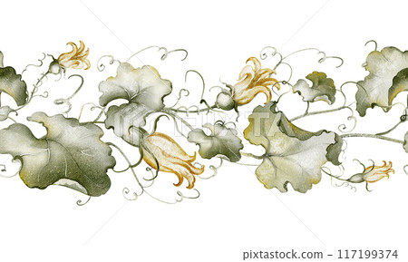 Watercolor plant border with leaf details. Seamless pattern of hand-drawn pumpkin vines and leaves. Repetitive botanical illustration of foliage. For autumn decor, invitations, and seasonal designs. Watercolor plant border with leaf details. Seamless pattern of hand-drawn pumpkin vines and leaves. Repetitive botanical illustration of foliage. For autumn decor, invitations, and seasonal designs. 117199374