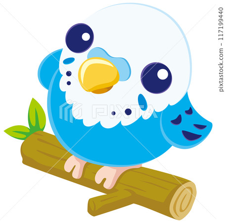 Vector illustration icon of a cute budgerigar looking up on a tree branch / blue 117199440