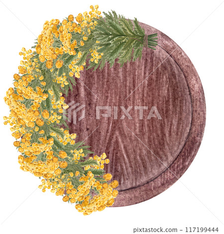 Blue tansy half wreath on a wooden tray isolated on white. Hand painted in watercolor. High quality art for cards, packages, essential oil production, oil infusions, labels, rustic decor and design 117199444