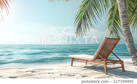 Sun lounger on the beach with palm trees and deep turquoise sea 117199492