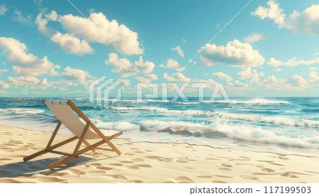 sandy ocean beach with a sun lounger sandy ocean beach with a sun lounger 117199503