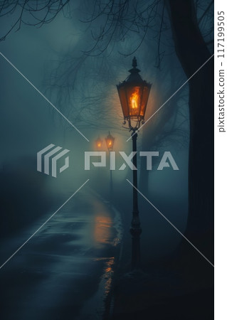 night highway and burning red traffic lights 117199505