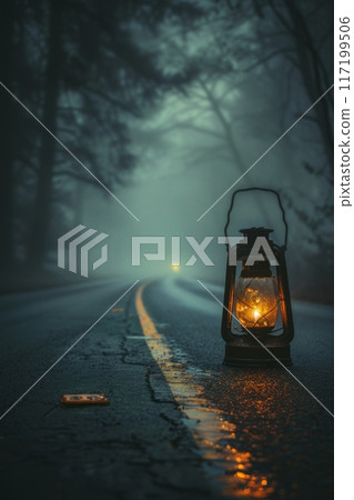 night road and a burning lantern on the road night road and a burning lantern on the road 117199506