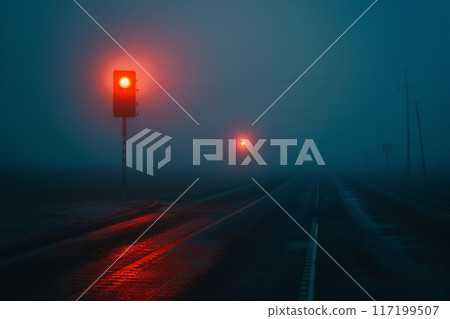 night highway and burning red traffic lights 117199507