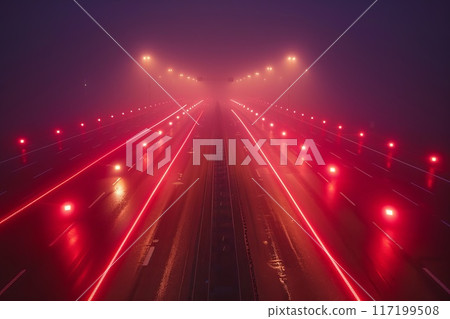 night highway and burning red traffic lights 117199508