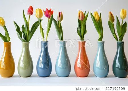 multi-colored vases in a row with tulips in them 117199509