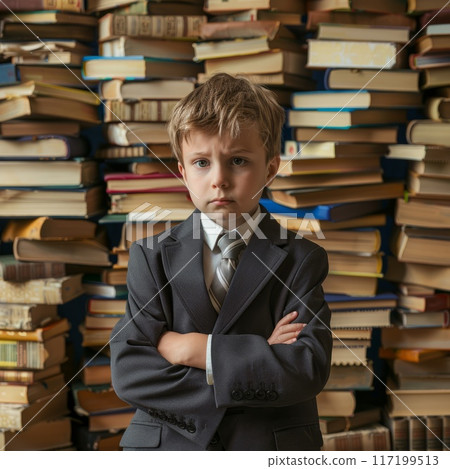 Little confused student in a suit against the background of many textbooks Little confused student in a suit against the background of many textbooks 117199513