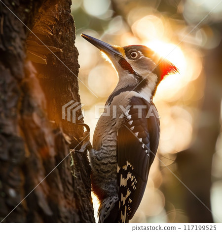 woodpecker on a tree backlit by the sun 117199525