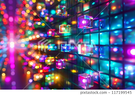 colored lights glowing 3d squares background 117199545