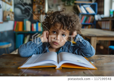 Desperate teenage pupil sitting at the library table with big stacks of books Desperate teenage pupil sitting at the library table with big stacks of books 117199548