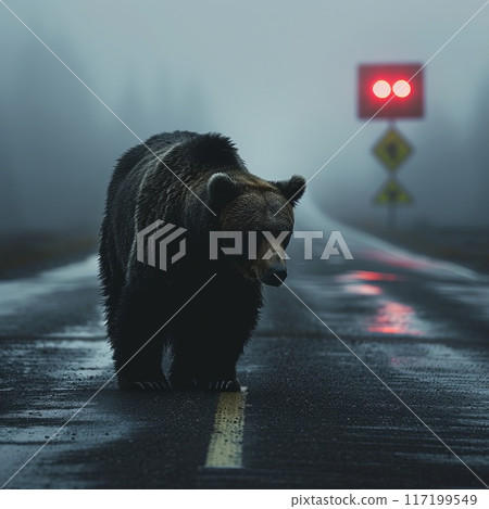 a bear walks along an asphalt road a bear walks along an asphalt road 117199549