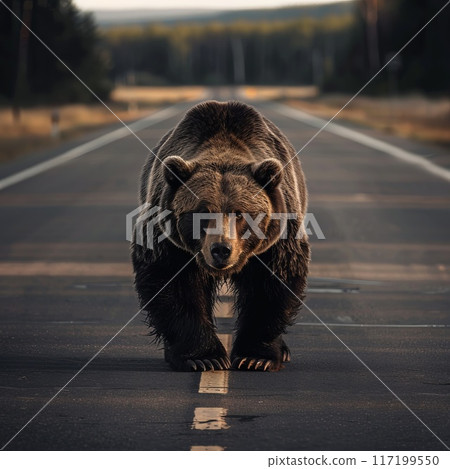 a bear walks along an asphalt road 117199550