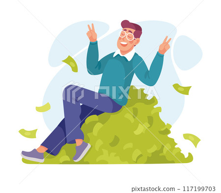 Rich Man Character Sit on Green Money Banknotes Vector Illustration Rich Man Character Sit on Green Money Banknotes Vector Illustration 117199703