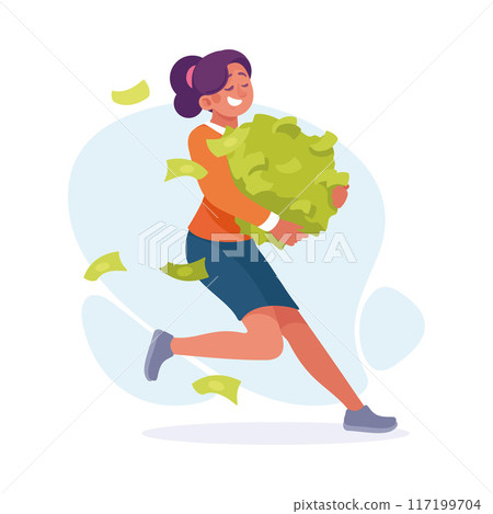 Rich Woman Character with Green Money Banknotes Vector Illustration Rich Woman Character with Green Money Banknotes Vector Illustration 117199704