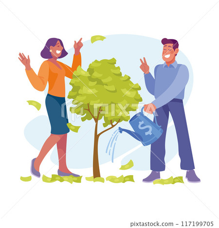 Rich Man and Woman Character Water Tree with Green Money Banknotes Vector Illustration Rich Man and Woman Character Water Tree with Green Money Banknotes Vector Illustration 117199705