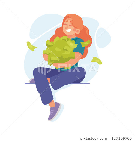 Rich Woman Character with Green Money Banknotes Vector Illustration Rich Woman Character with Green Money Banknotes Vector Illustration 117199706