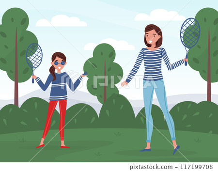 Mom Parent with Daughter Playing Badminton Enjoy Life Vector Illustration 117199708
