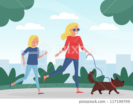 Mom Parent with Daughter Walking Dog Enjoy Life Vector Illustration 117199709