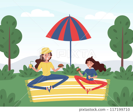 Mom Parent with Daughter Have Picnic in Park Enjoy Life Vector Illustration 117199710