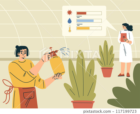Modern Agriculture Equipment with Man and Woman Character Spray Plant and Monitor Vector Illustration 117199723