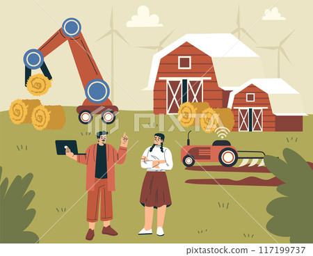 Modern Agriculture Equipment with Man and Woman Character Harvest Hay with Robotic Arm Vector Illustration Modern Agriculture Equipment with Man and Woman Character Harvest Hay with Robotic Arm Vector Illustration 117199737