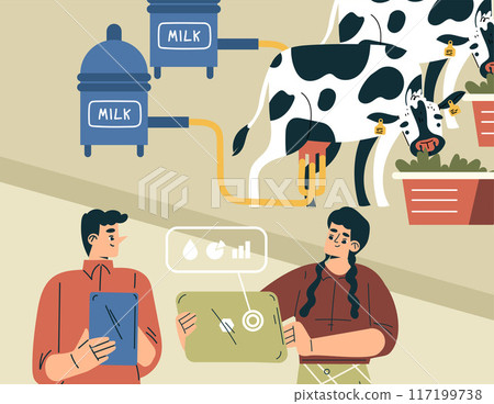 Modern Agriculture Equipment with Man and Woman Character Milk Cow Vector Illustration Modern Agriculture Equipment with Man and Woman Character Milk Cow Vector Illustration 117199738