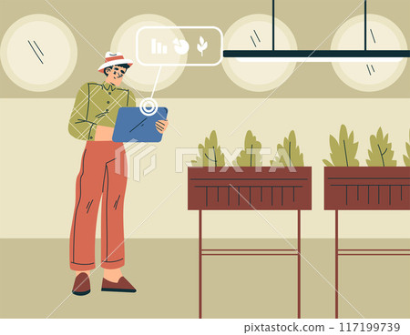 Modern Agriculture Equipment with Man Character Monitor Plant Growing Vector Illustration 117199739