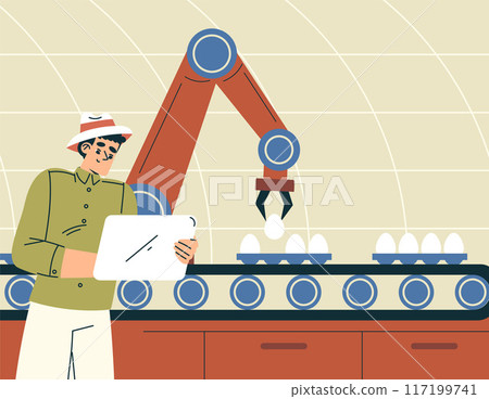 Modern Agriculture Equipment with Man Character Pick Eggs Vector Illustration 117199741