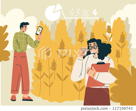 Modern Agriculture Equipment with Man and Woman Character Monitor Plant Vector Illustration 117199743