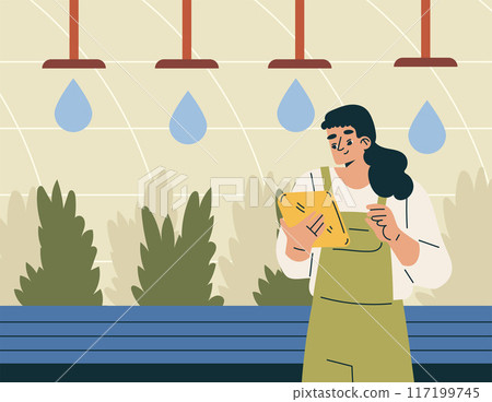 Modern Agriculture Equipment with Woman Character Water Plant Vector Illustration Modern Agriculture Equipment with Woman Character Water Plant Vector Illustration 117199745