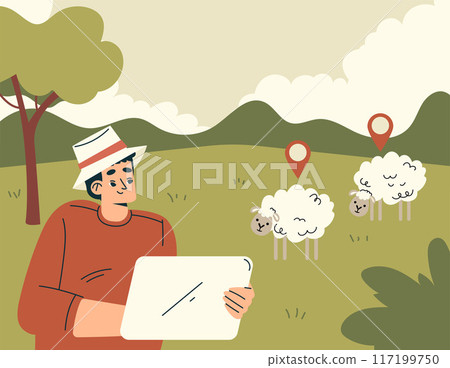 Modern Agriculture Equipment with Man Character Monitor Sheep Grazing Vector Illustration Modern Agriculture Equipment with Man Character Monitor Sheep Grazing Vector Illustration 117199750