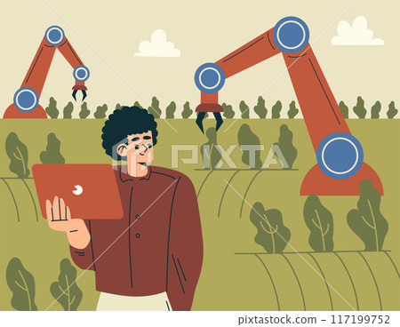 Modern Agriculture Equipment with Man Character Planting Crop with Robotic Arm Vector Illustration Modern Agriculture Equipment with Man Character Planting Crop with Robotic Arm Vector Illustration 117199752