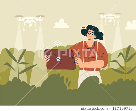 Modern Agriculture Equipment with Woman Character Spray Plant with Drone Vector Illustration Modern Agriculture Equipment with Woman Character Spray Plant with Drone Vector Illustration 117199753