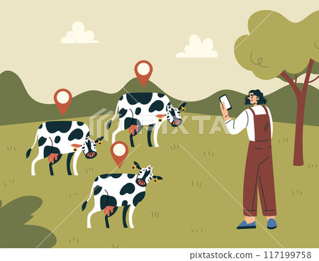 Modern Agriculture Equipment with Woman Character Monitor Cow Vector Illustration 117199758