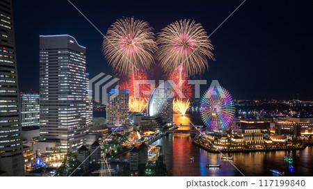 Fireworks over the night view of Minato Mirai, Yokohama (Minatomirai Smart Festival) 117199840