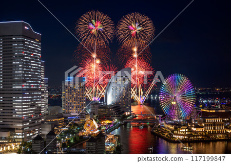 Fireworks over the night view of Minato Mirai, Yokohama (Minatomirai Smart Festival) 117199847