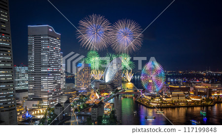 Fireworks over the night view of Minato Mirai, Yokohama (Minatomirai Smart Festival) Fireworks over the night view of Minato Mirai, Yokohama (Minatomirai Smart Festival) 117199848
