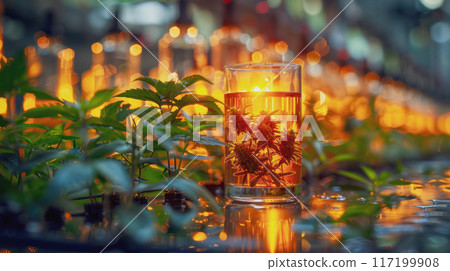 CBD oil in a glass container for research on laboratory cannabis plantations CBD oil in a glass container for research on laboratory cannabis plantations 117199908