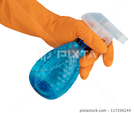 hand in rubber glove holds cleaning spray bottle hand in rubber glove holds cleaning spray bottle 117200244