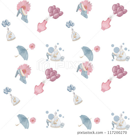 Watercolor seamless pattern with vintage bottle of blue and pink perfume bottle, shoe, macaron, umbrella, balloons on white background Perfect for scrapbooking, fashion, design, textile, other ideas 117200270