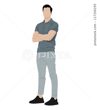 Vector illustration of a man in a gray and blue t-shirt and light sweatpants. Modern sports image Vector illustration of a man in a gray and blue t-shirt and light sweatpants. Modern sports image 117200295