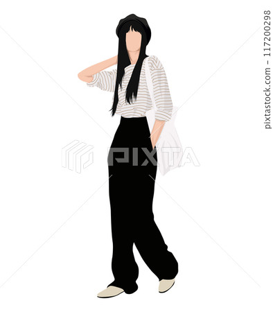 Vector illustration of a woman in a striped blouse, black baggy pants and white sneakers. A light and stylish combination for everyday wear. 117200298