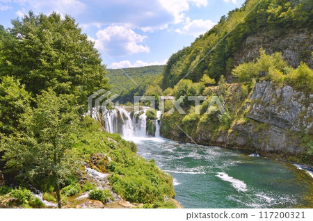 Waterfall Strbacki buk on river Una, Bosnia and Herzegovina. Nature background during summer 117200321