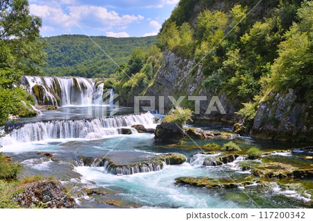 Waterfall Strbacki buk on river Una, Bosnia and Herzegovina. Nature background during summer 117200342