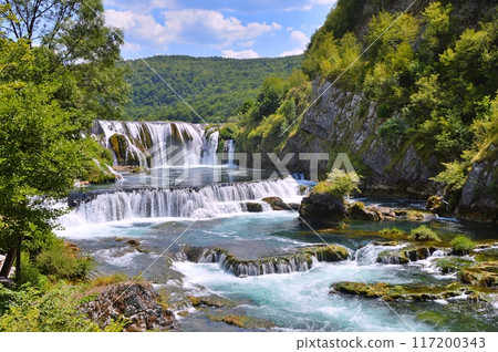 Waterfall Strbacki buk on river Una, Bosnia and Herzegovina. Nature background during summer 117200343