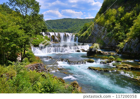 Waterfall Strbacki buk on river Una, Bosnia and Herzegovina. Nature background during summer 117200358