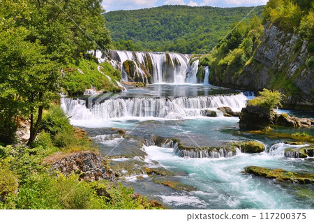 Waterfall Strbacki buk on river Una, Bosnia and Herzegovina. Nature background during summer 117200375